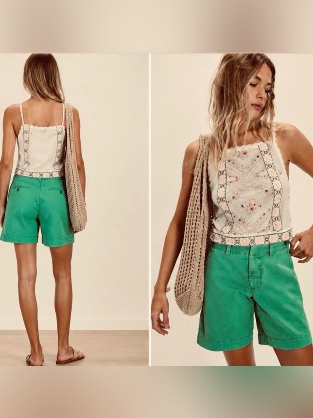 NWOT W0 Free People Kelly Green Riverside Bermuda 100% Cotton Shorts Boho Y2K